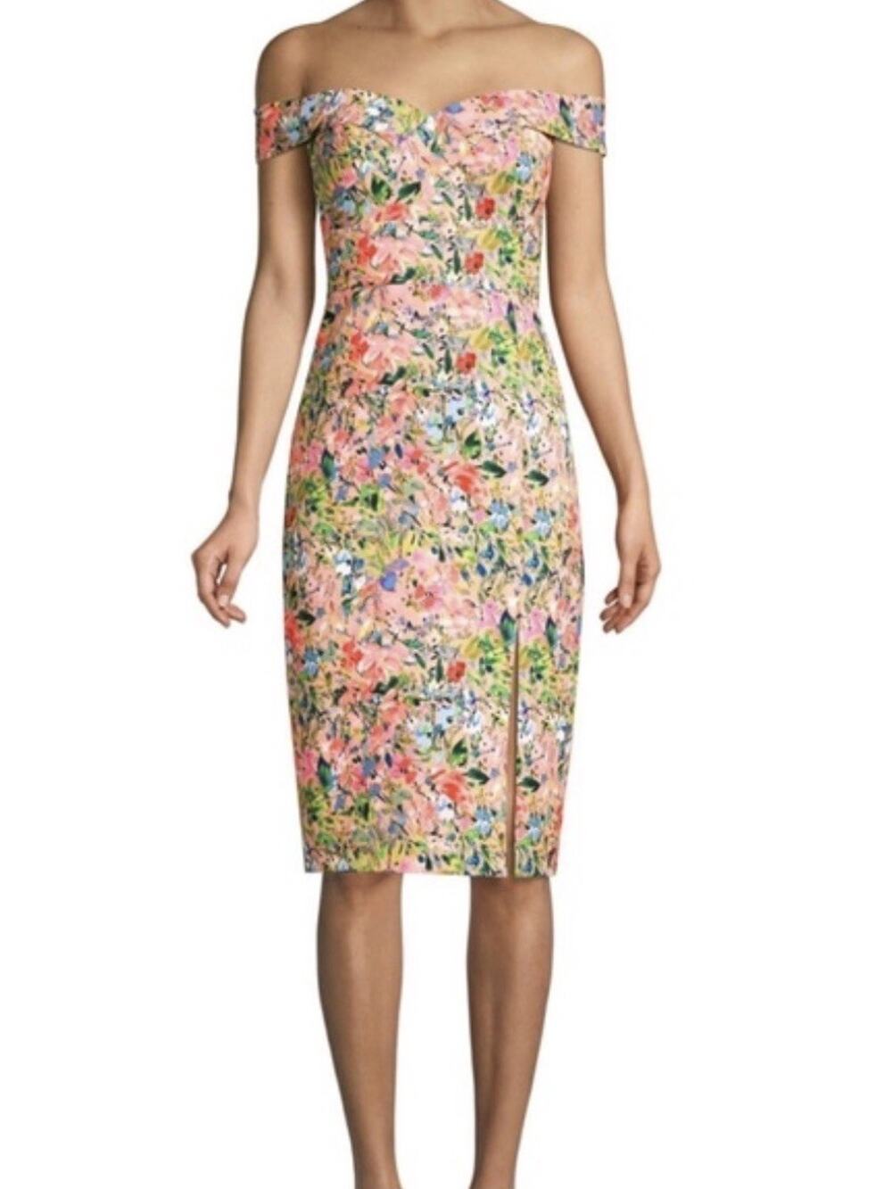 Aidan Mattox Floral Off Shoulder Sheath Dress Size 14 Pink Garden Party NWOT